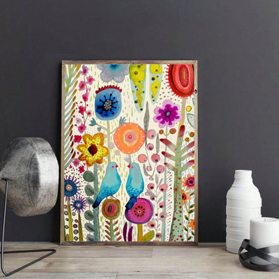 Beautiful Flower and Blue Bird Poster Painting - Aesthetic Home Decor Gift for Friends