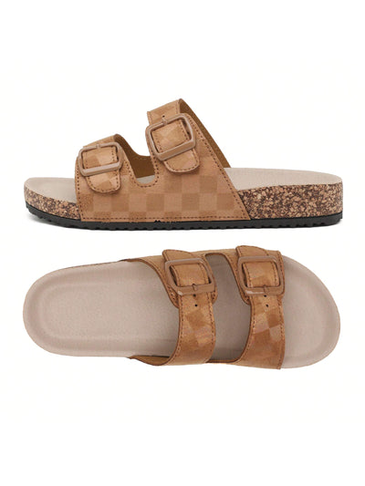 Dreamy Checkered Flatform Slides: Double Buckle Comfort with Nature-Cork Footbed