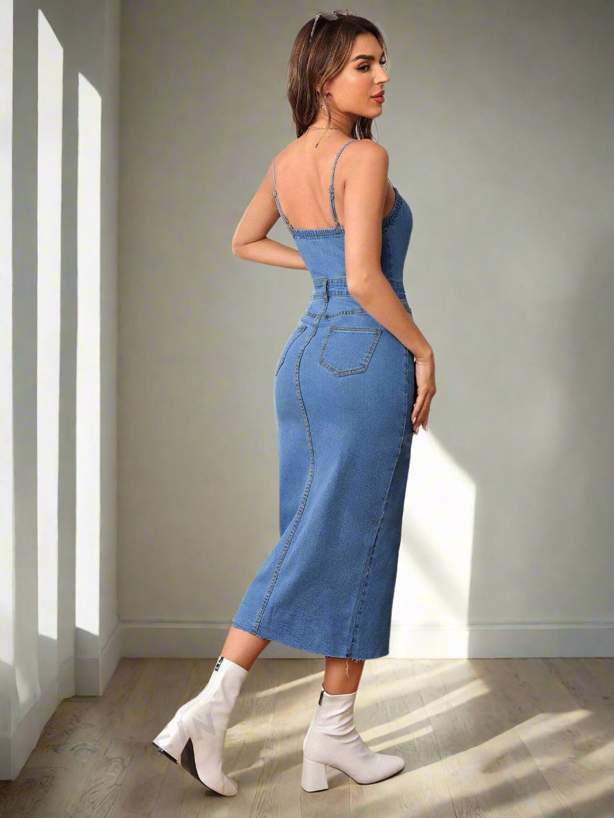 Effortlessly elevate your wardrobe with our Simple Chic denim dress. Designed for the modern woman, this dress features a solid color design and adjustable spaghetti straps for a comfortable and stylish fit. Crafted from high-quality denim, this dress offers durability and versatility for any occasion. Upgrade your fashion game with the Simple Chic dress.