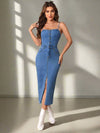 Simple Chic: Ladies Solid Color Denim Dress with Spaghetti Strap