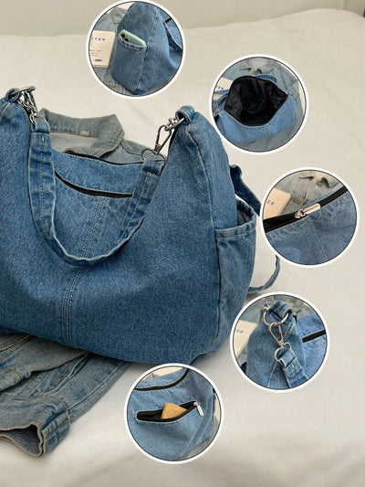 Vintage Blue Distressed Slouchy Shoulder Bag: Perfect College & Work Bag for Women