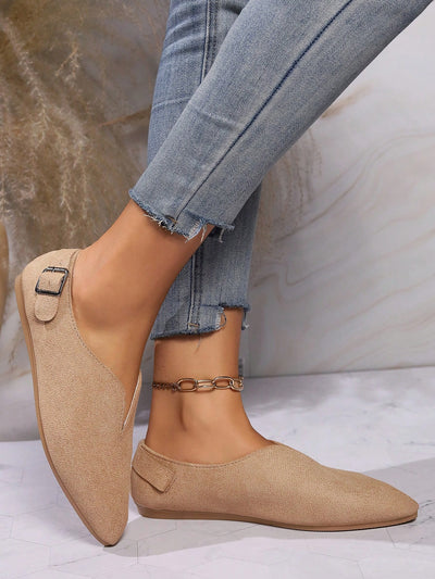 Chic and Comfortable: Women's Pointed Suede Slip-On Flat Shoes with Buckle Detail