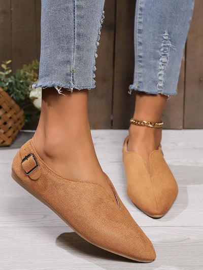 Chic and Comfortable: Women's Pointed Suede Slip-On Flat Shoes with Buckle Detail