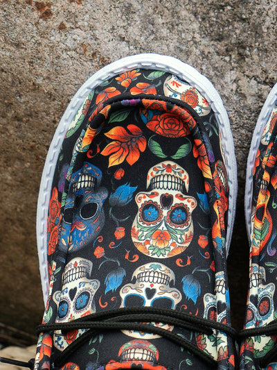 Black Skull Halloween Canvas Slip-On Shoes: Lightweight, Non-Slip, and Easy to Wear