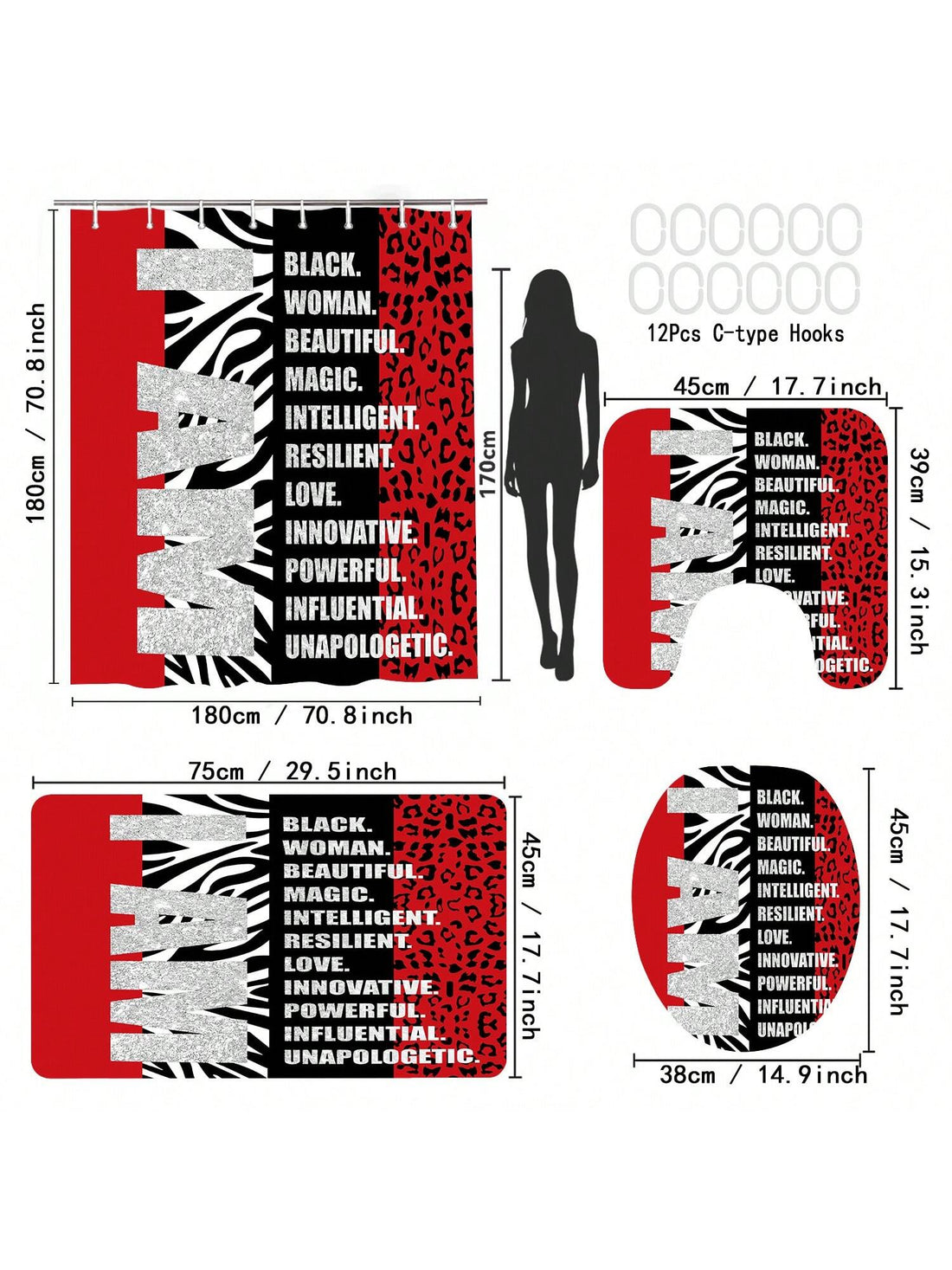 Elevate your bathroom decor with our Leopard Print and Vertical Stripe Inspirational Quote Shower Curtain Set. The vibrant design features a combination of leopard print and vertical stripes, adding a touch of modern elegance. Each curtain also includes an uplifting quote, providing daily inspiration.