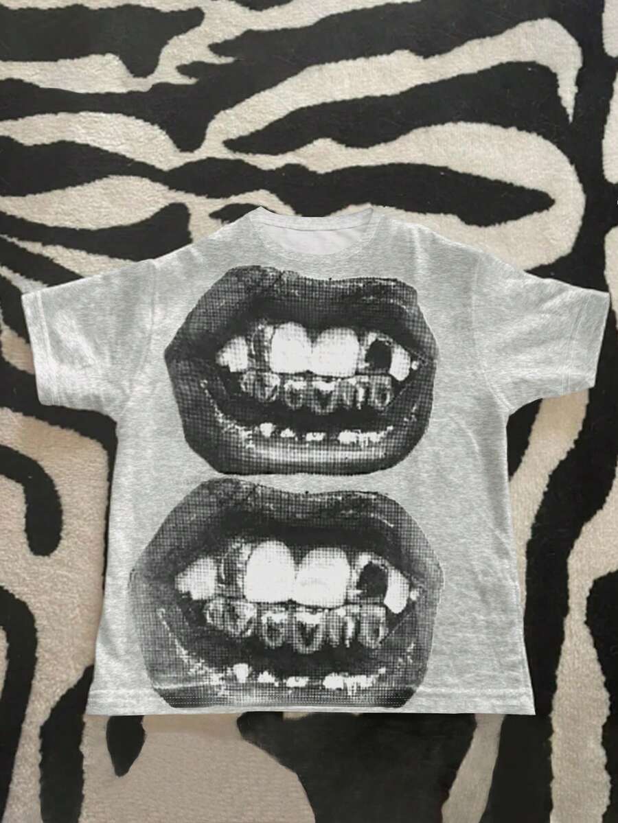 Front flat lay of heather grey gothic T-shirt with black stacked lips graphic