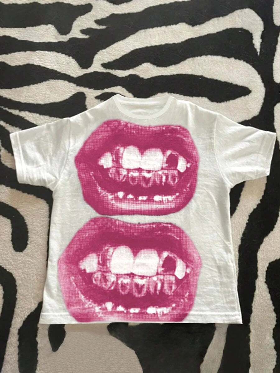 Front flat lay of white gothic T-shirt with bright pink stacked lips graphic