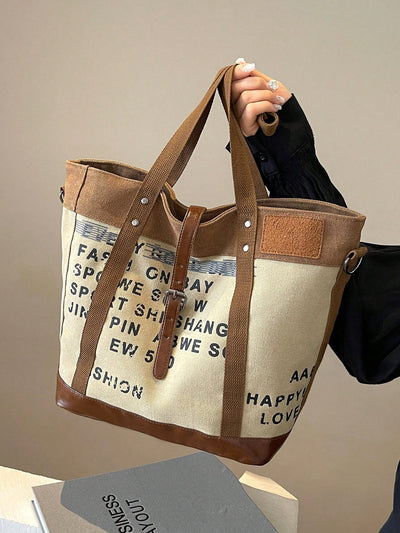 Letter Print Large Capacity Canvas Tote: Perfect for Casual Shopping and Commuting