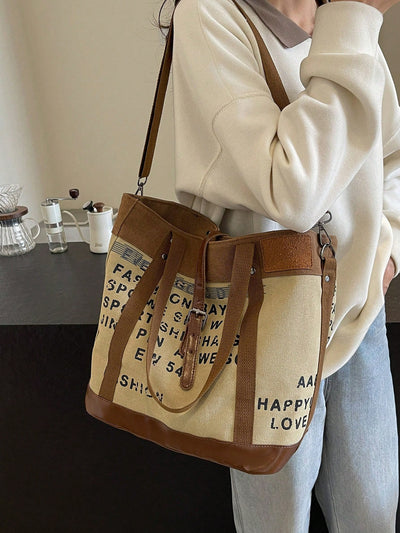 Letter Print Large Capacity Canvas Tote: Perfect for Casual Shopping and Commuting