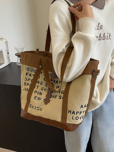 Letter Print Large Capacity Canvas Tote: Perfect for Casual Shopping and Commuting