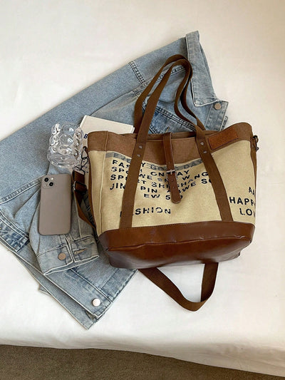 Letter Print Large Capacity Canvas Tote: Perfect for Casual Shopping and Commuting