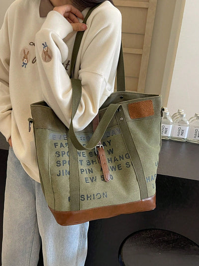 Letter Print Large Capacity Canvas Tote: Perfect for Casual Shopping and Commuting