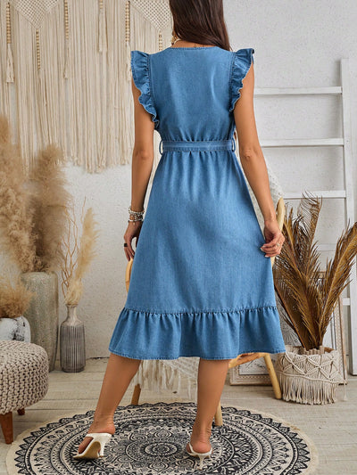 Effortlessly Chic: Women's Blue Denim V-Neck Dress - Your Ultimate Vacation Essential