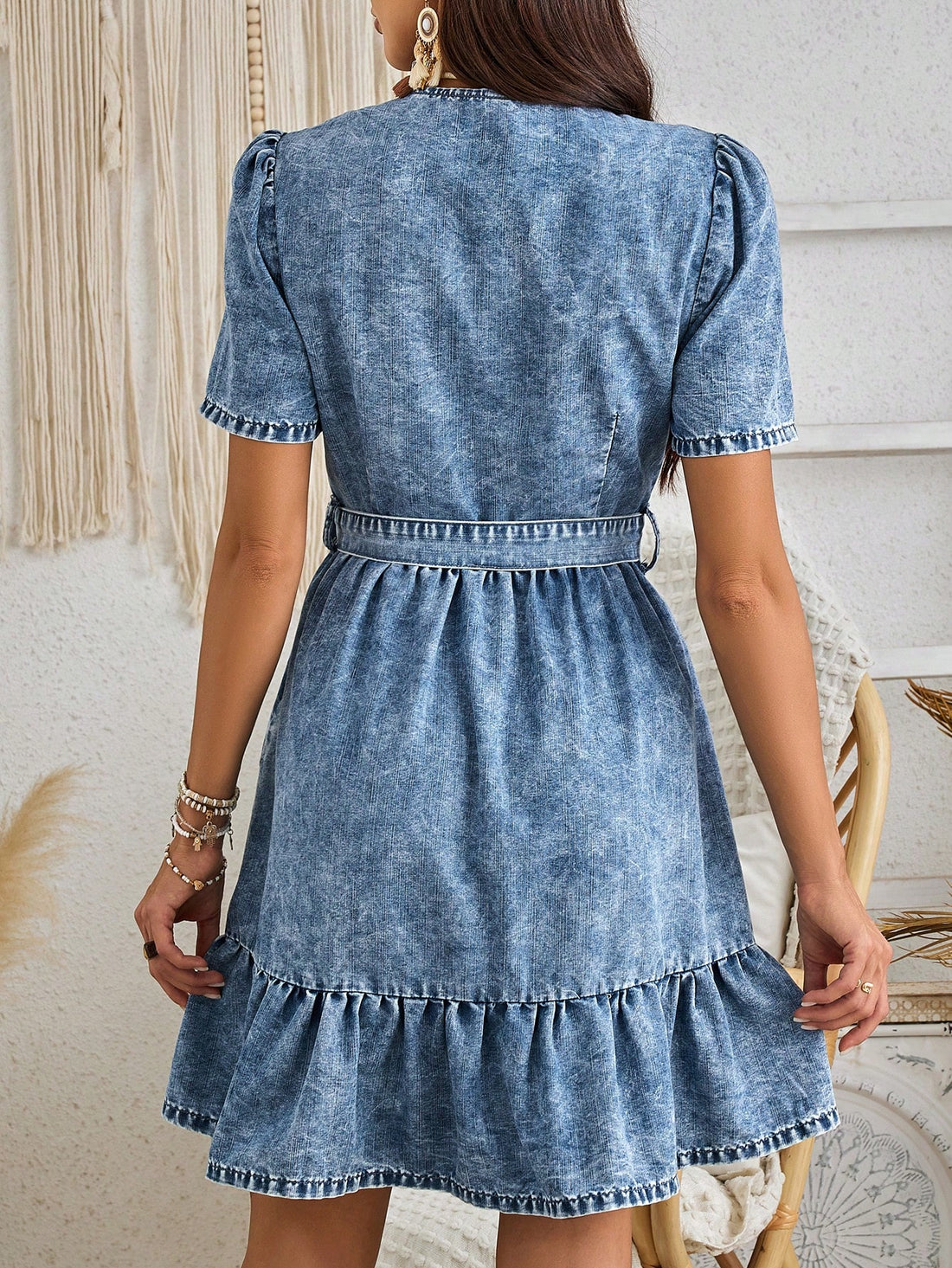 Effortlessly elevate your casual wardrobe with our Blue Wrap Belt Knotted Denim Dress. With its versatile design and flattering wrap silhouette, this dress is the perfect addition to any woman's wardrobe. Made with high-quality denim and featuring a stylish knotted belt, this dress is both comfortable and fashionable. Upgrade your wardrobe today!