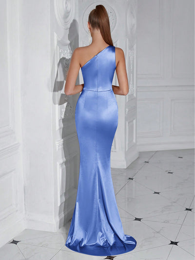 Sophisticated Glamour: Shoulder Pleated High Slit Cocktail Party Prom Dress