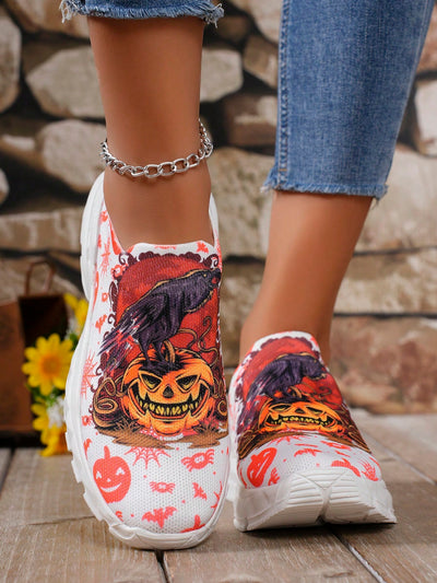 Pumpkin Patch Ghost Print Casual Athletic Sneakers: Lightweight & Comfortable