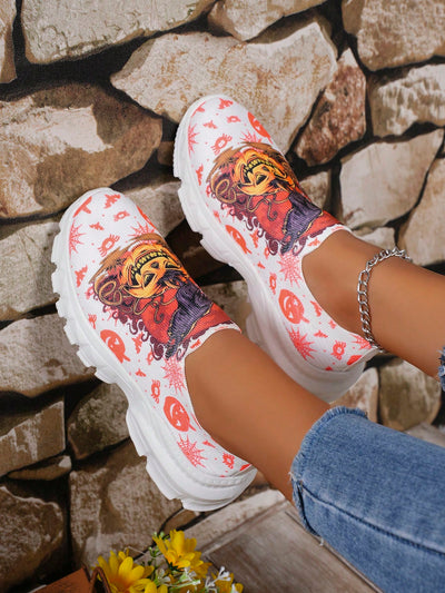 Pumpkin Patch Ghost Print Casual Athletic Sneakers: Lightweight & Comfortable