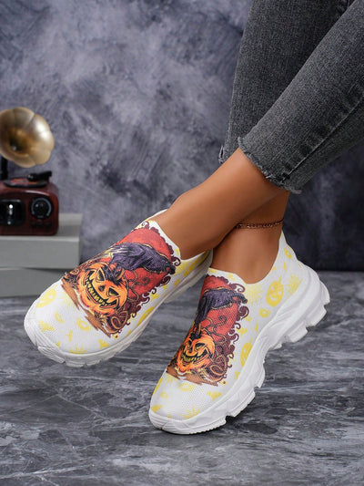 Pumpkin Patch Ghost Print Casual Athletic Sneakers: Lightweight & Comfortable