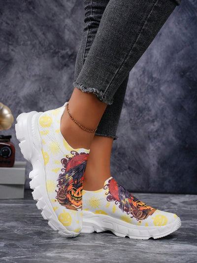 Pumpkin Patch Ghost Print Casual Athletic Sneakers: Lightweight & Comfortable