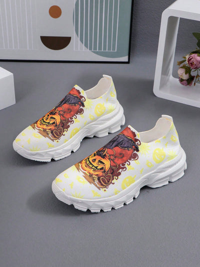 Pumpkin Patch Ghost Print Casual Athletic Sneakers: Lightweight & Comfortable