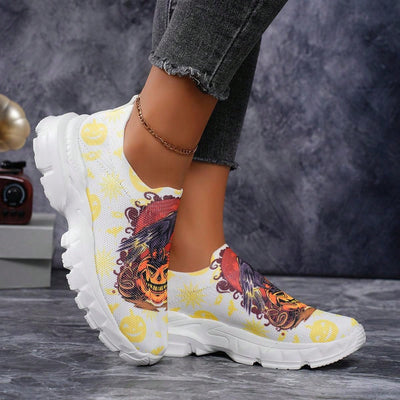 Pumpkin Patch Ghost Print Casual Athletic Sneakers: Lightweight & Comfortable