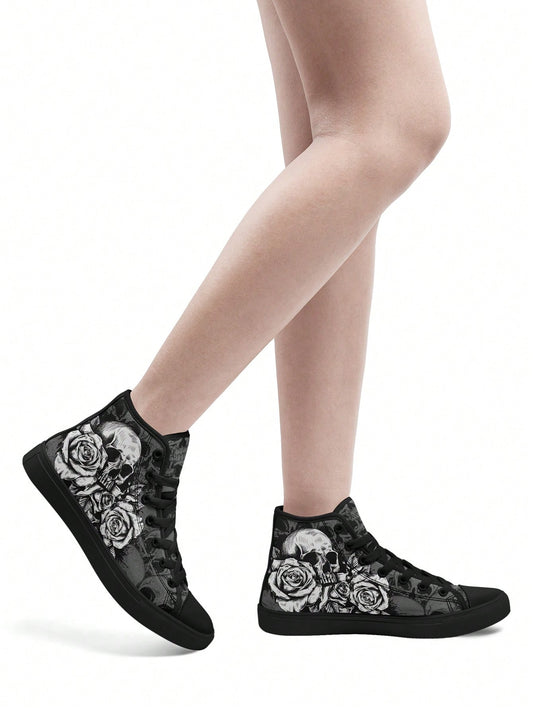 Black and White Skull And Rose Women's Canvas Shoe - Soft, Breathable, Lightweight, Durable