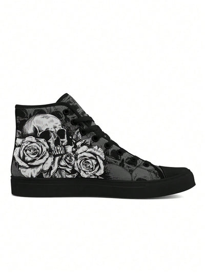 Black and White Skull And Rose Women's Canvas Shoe - Soft, Breathable, Lightweight, Durable