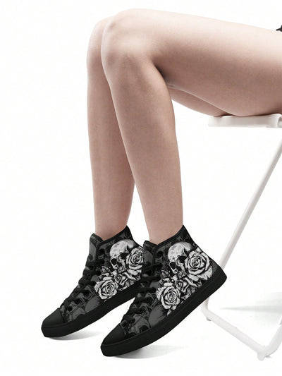 Black and White Skull And Rose Women's Canvas Shoe - Soft, Breathable, Lightweight, Durable