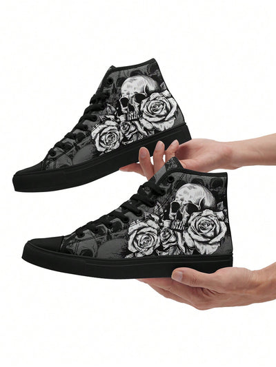 Black and White Skull And Rose Women's Canvas Shoe - Soft, Breathable, Lightweight, Durable