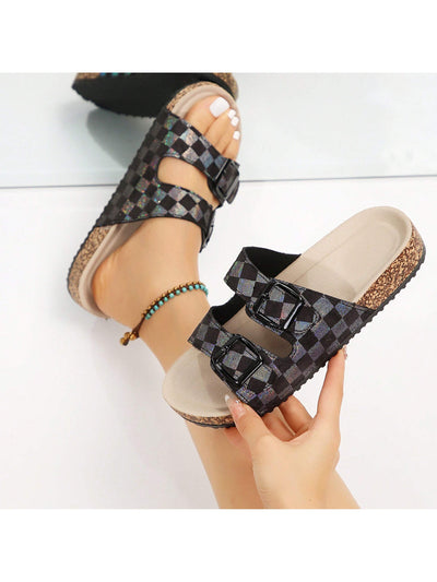 Checkered Comfort: Women's Double Buckle Flatform Slide Sandals