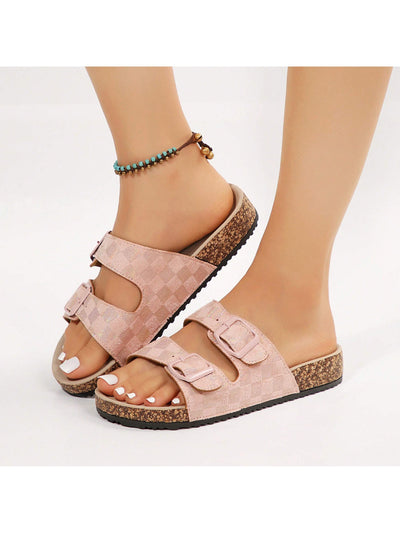 Checkered Comfort: Women's Double Buckle Flatform Slide Sandals