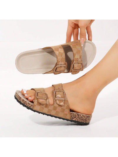 Checkered Comfort: Women's Double Buckle Flatform Slide Sandals