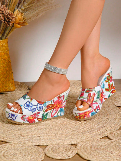 New Summer Plus Size Anti-Slip Waterproof Platform Printed High-Heeled Wedge Sandals