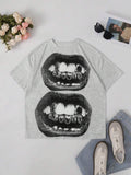 Front flat lay of heather grey punk T-shirt with black distressed lips graphic
