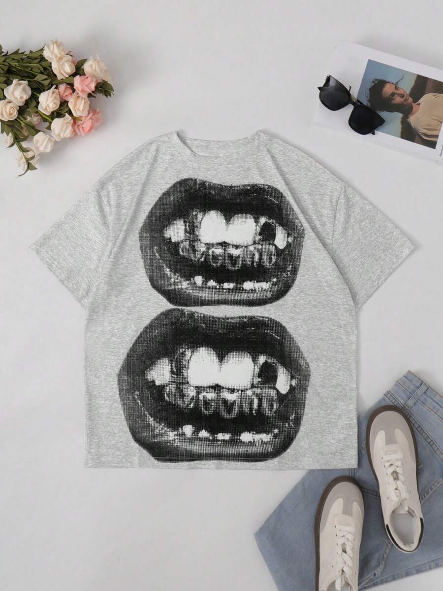 Front flat lay of heather grey punk T-shirt with black distressed lips graphic