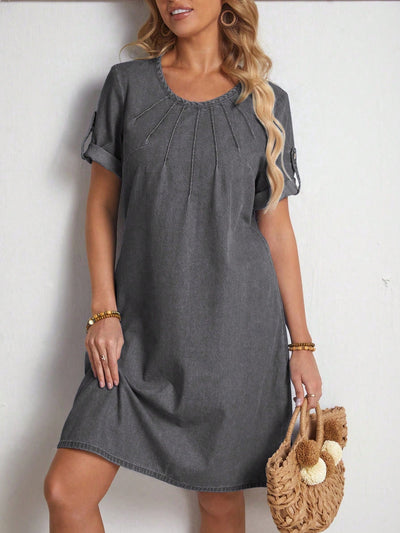 Effortlessly Chic: Casual Solid Roll-Up Sleeve Denim Dress