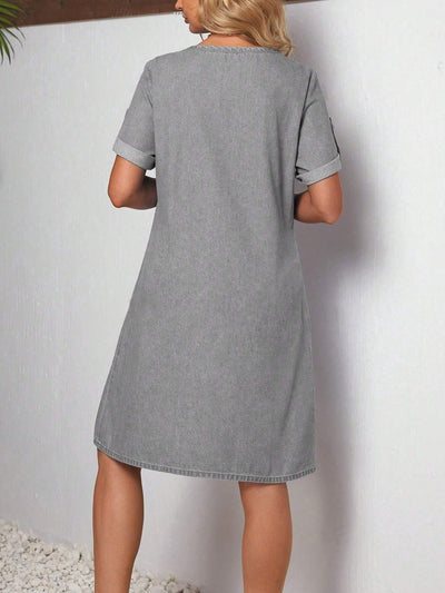 Effortlessly Chic: Casual Solid Roll-Up Sleeve Denim Dress