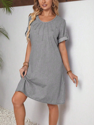 Effortlessly Chic: Casual Solid Roll-Up Sleeve Denim Dress