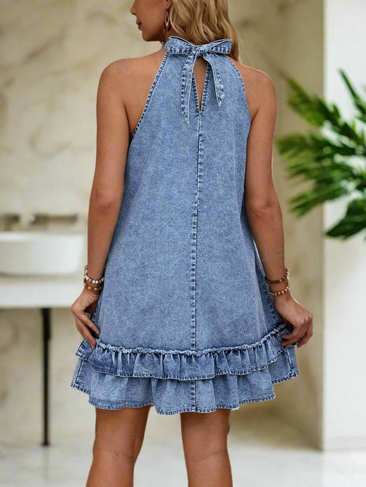 Elevate Your Denim Collection with Keyhole Neckline Ruffle Hem Dress