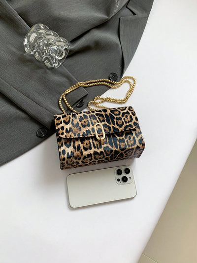 Trendy Retro Leopard Print Mini Square Shoulder Bag with Metal Double Chain