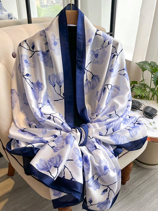 Summer Breeze: Floral Printed Silk Scarf for Women - Beach Holiday Essential