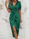 Timeless Elegance: Women's Mint Green Color Puff Sleeve V-Neck Dress