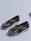 Stylish and Comfortable Black Plaid Plus Size Slip-On Sneakers with Elegant Chain Design for Women