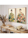 Experience the beauty of abstract art with this stunning painting set featuring a female figure surrounded by colorful flowers, all printed on sleek and modern frameless prints. Transform any room into an eclectic and stylish space with this unique and eye-catching piece.