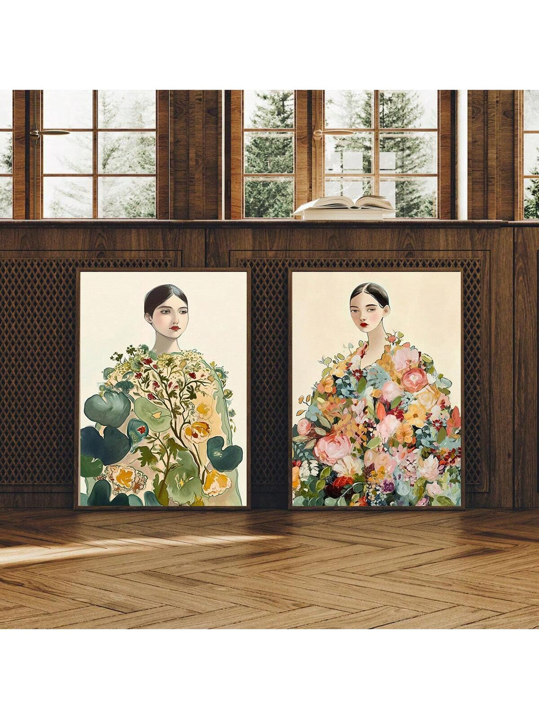 Experience the beauty of abstract art with this stunning painting set featuring a female figure surrounded by colorful flowers, all printed on sleek and modern frameless prints. Transform any room into an eclectic and stylish space with this unique and eye-catching piece.
