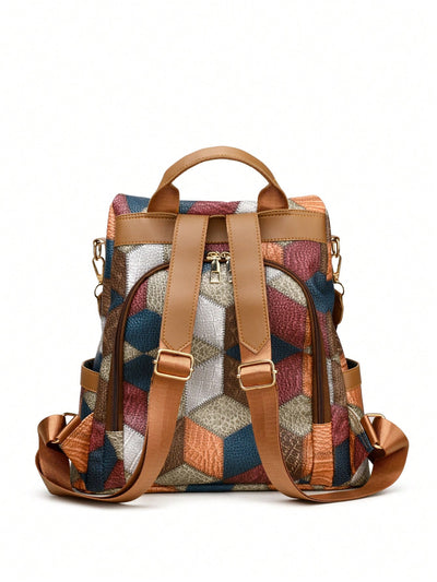 Stylish and Secure: Color Block Rhombic Check Anti-Theft Backpack for Women