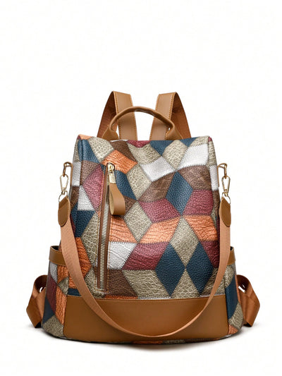 Stylish and Secure: Color Block Rhombic Check Anti-Theft Backpack for Women