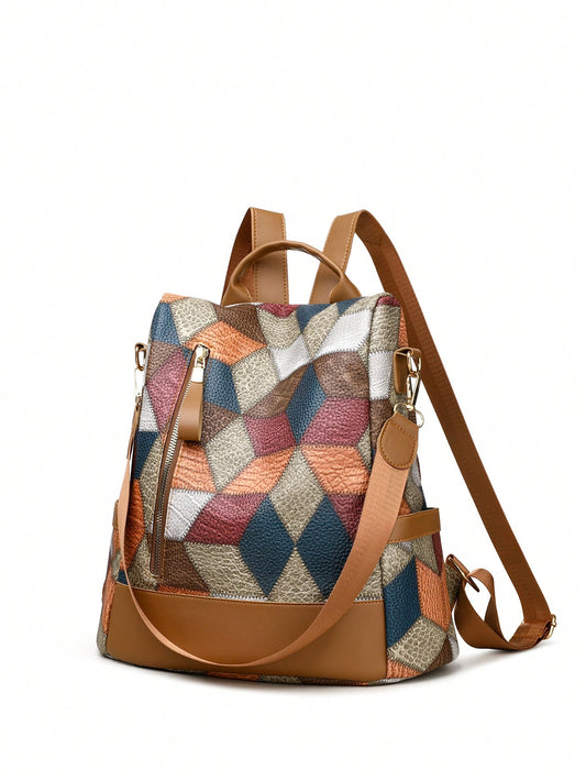 Stylish and Secure: Color Block Rhombic Check Anti-Theft Backpack for Women