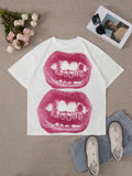 Front flat lay of white punk T-shirt with pink distressed mouth graphic and casual styling
