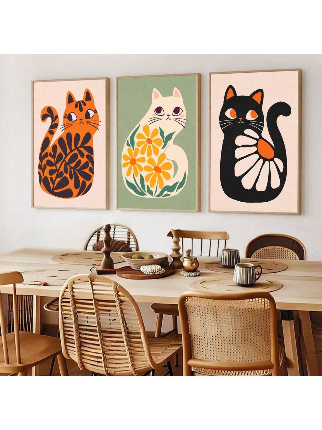 Add a touch of elegance to your home decor with our Bohemian Cat Art Collection. This 3-piece set features unique and stylish cat artwork that will elevate any room. Presented in beautiful frames, each piece adds a pop of personality to your space. A must-have for cat lovers and art enthusiasts alike.